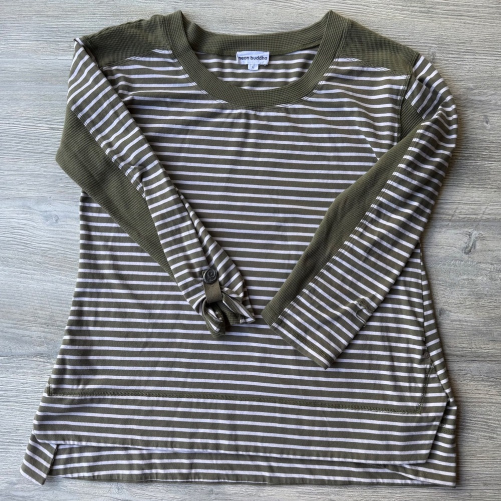 Neon Buddha Striped Cotton Top Olive Green Waffle Knit Sleeve L Gorpcore Granny